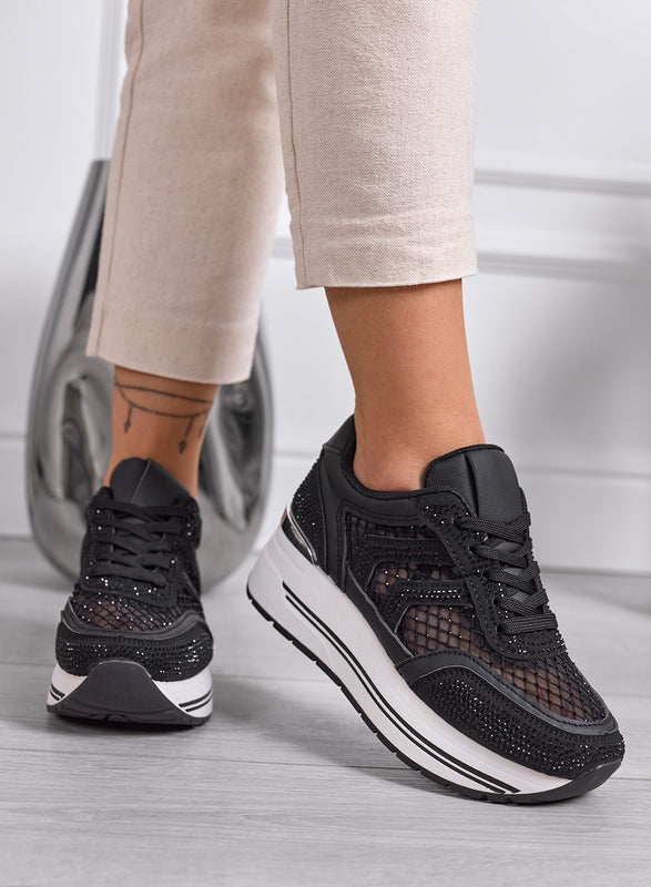 MIRANDA - Black Platform Sneakers with Mesh Inserts and Rhinestones