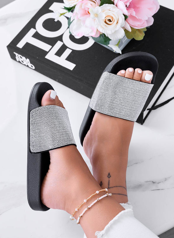 BECKY - Sandales mules noirs avec bande en strass