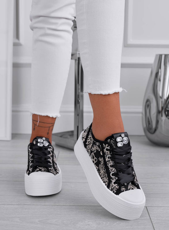 INGRID - Black sneakers with rhinestones and high sole