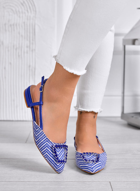 JONES - Blue Slingback Ballerinas with V-Shaped Toe and Jewel Buckle