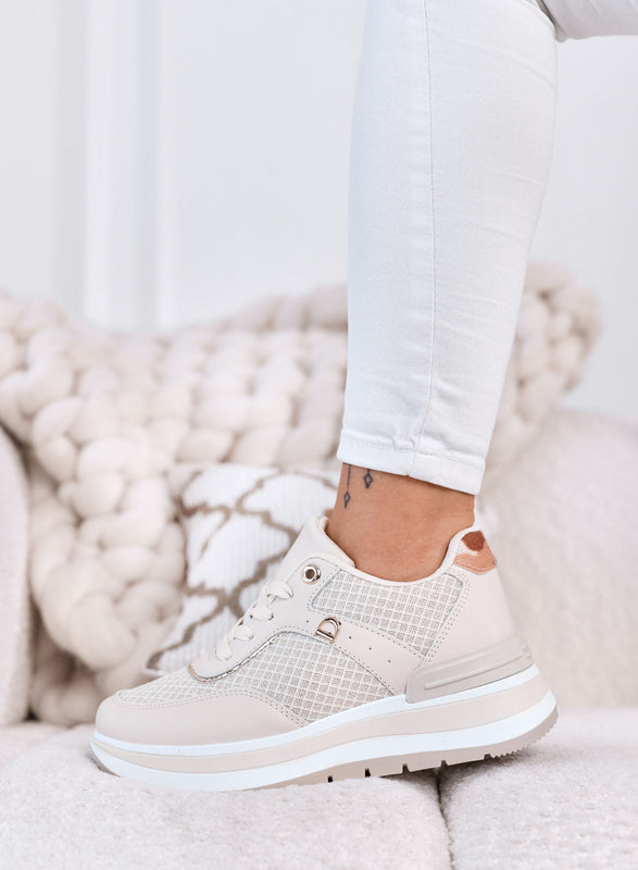 AGATA - Baskets plateforme beige avec détails en tissu laminé