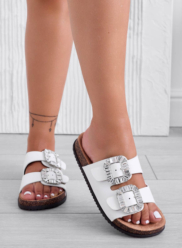 ADDY - White cork slide sandals with rhinestone buckles