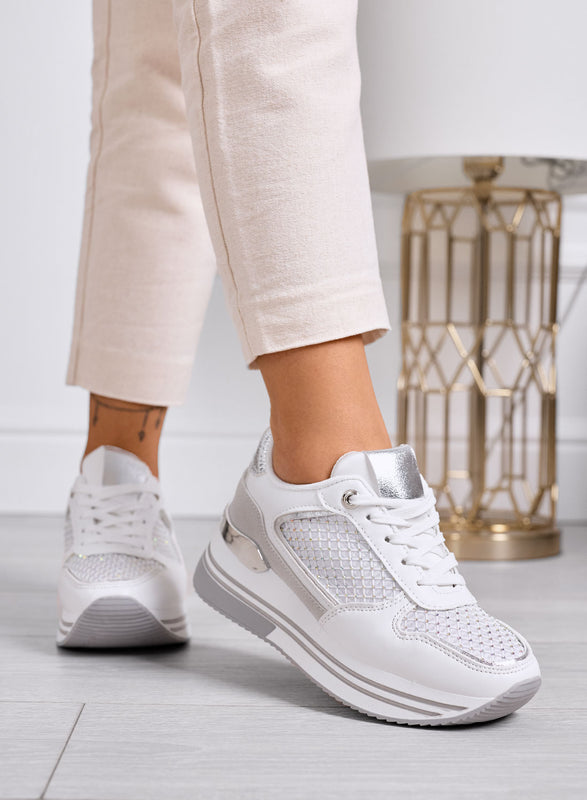 MELEK - Sneakers bianche con inserti argento e suola platform