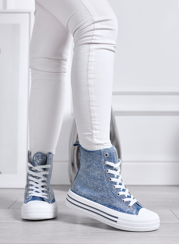 ROSALIA - High-Top Blue Jeans Sneakers with Rhinestones and Platform Sole