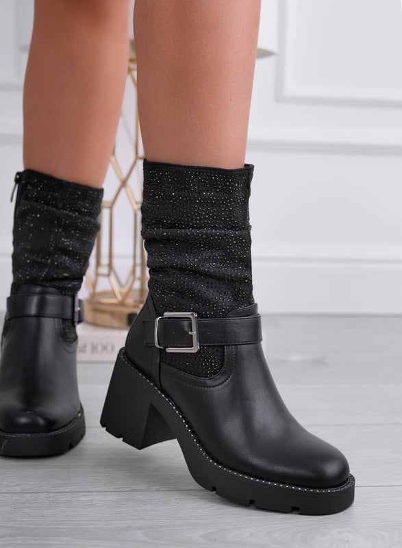 ADANA - Black ankle boots with buckle and rhinestones