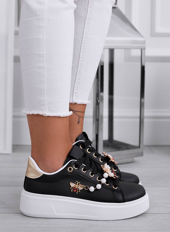 LILIANA - Black sneakers with gold back and jewel bee application