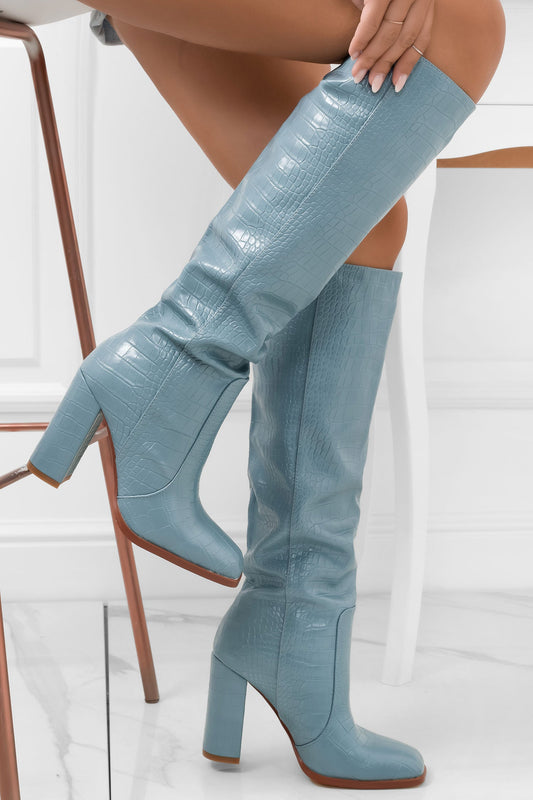 RIVER - Light blue boots with crocodrile print and block heels