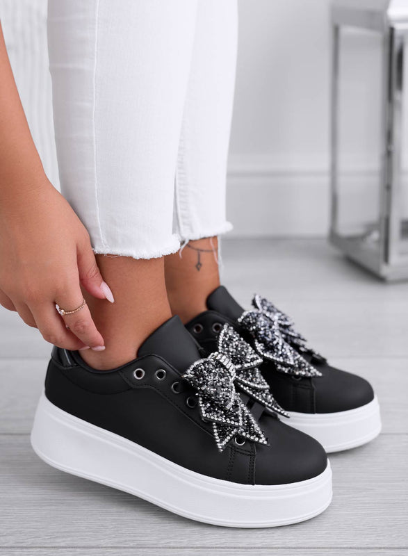 CRYSTAL - Black wedge sneakers with silver jewel bow