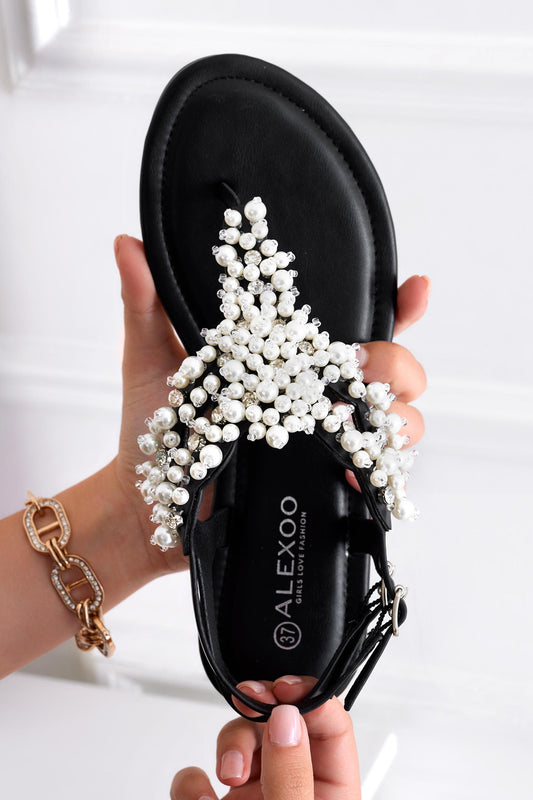 GARDENIA - Alexoo flat black thong sandals with pearls