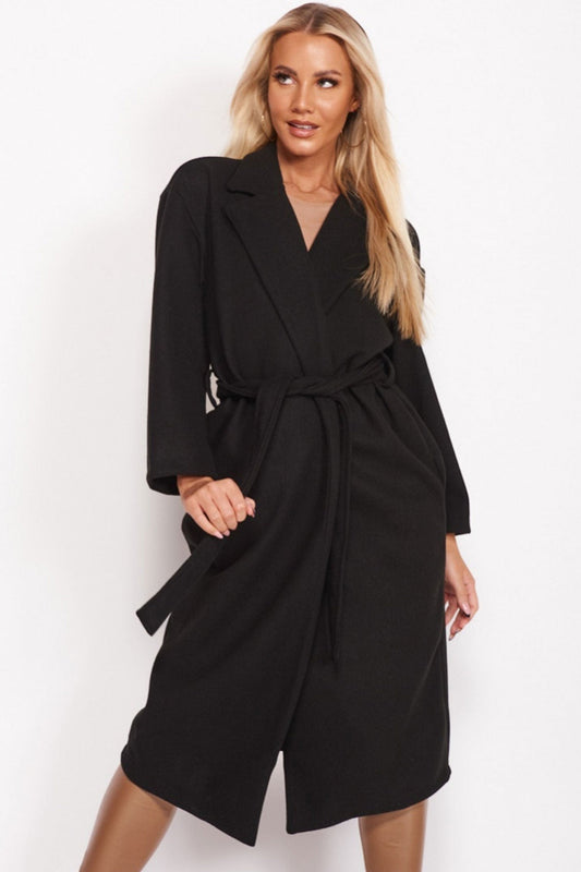 Black long coat with waist drawstring