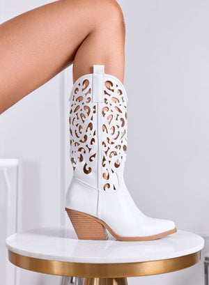 MARIANNA - White Perforated Texan Boots with Heel