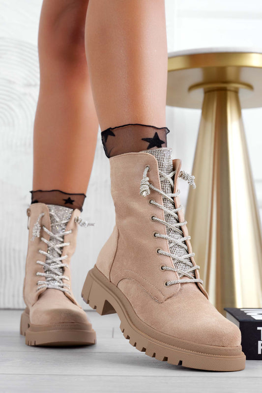 MOIRA - Beige amphibian ankle boots with laces and jewel tongue