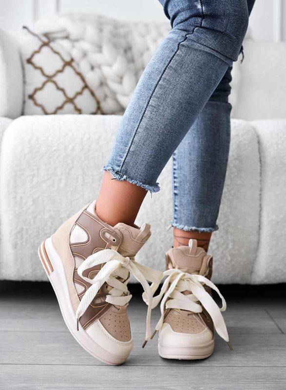 FAUNA - Beige sneakers with inner wedge and fabric laces