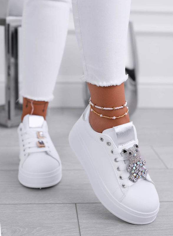 TANIA - White sneakers with silver jewel teddy