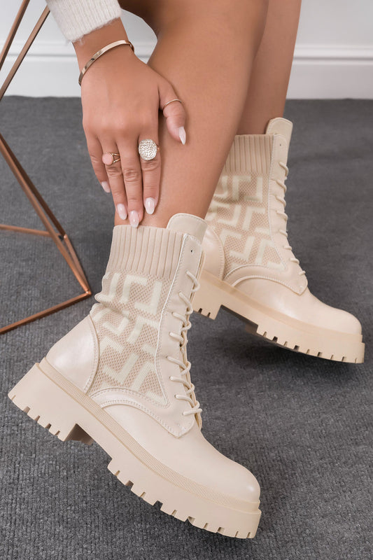 LAVINIA - Beige ankle boots in patterned fabric