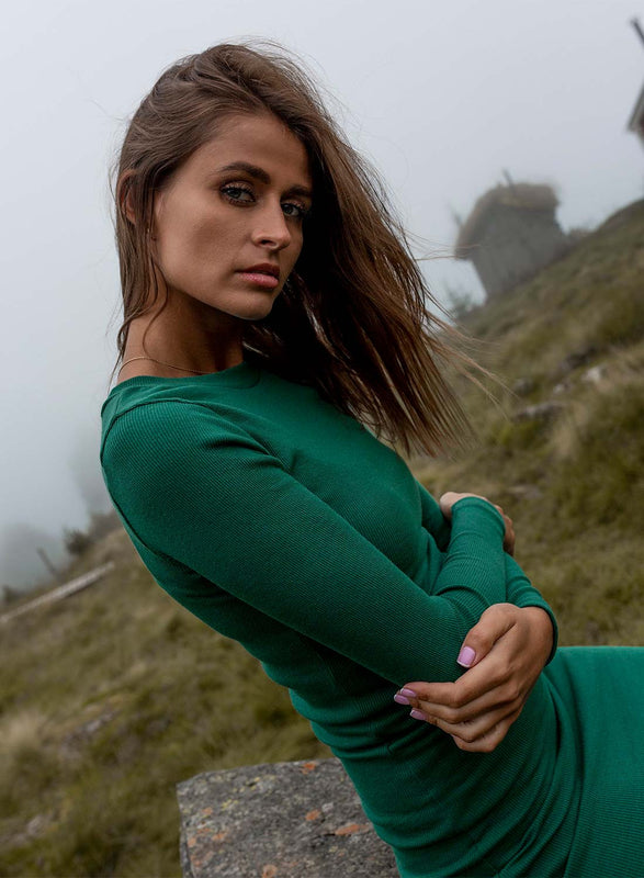 Green ribbed fitted dress
