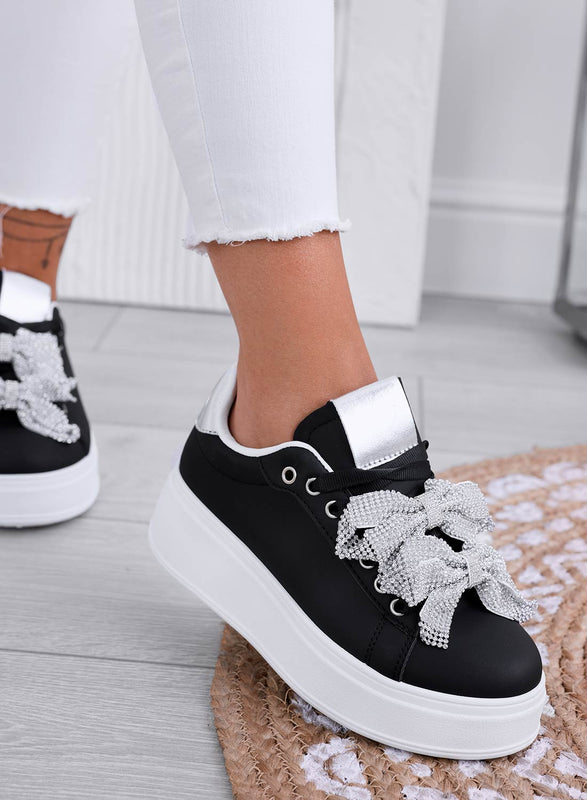 DEZZY - Black sneakers with silver rhinestone bows