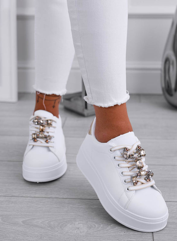 SORAYA - White sneakers with jewel application and gold back