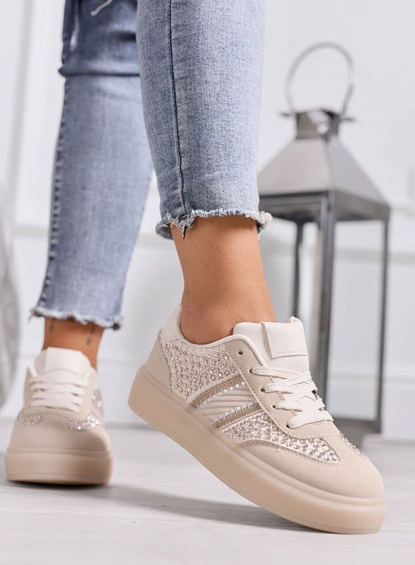 NOISE - Sneakers Donna Beige con Strass e Inserti in Rete