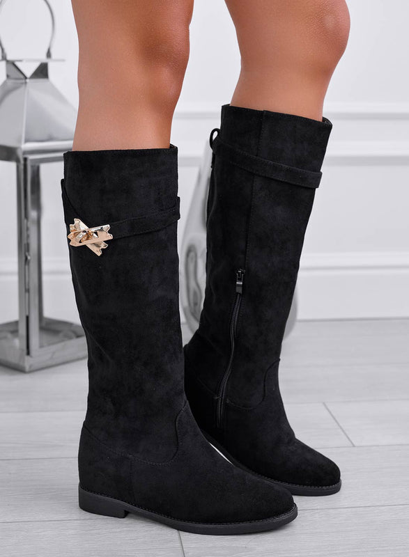 ARENA - Black suede boots with gold plaque