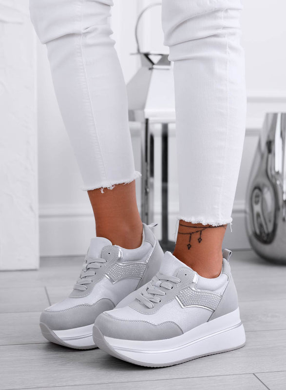 CAROLINE - Grey sneakers with white wedge and rhinestones