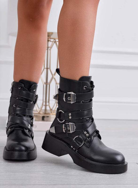 JENNA - Botines negros estilo biker con hebillas
