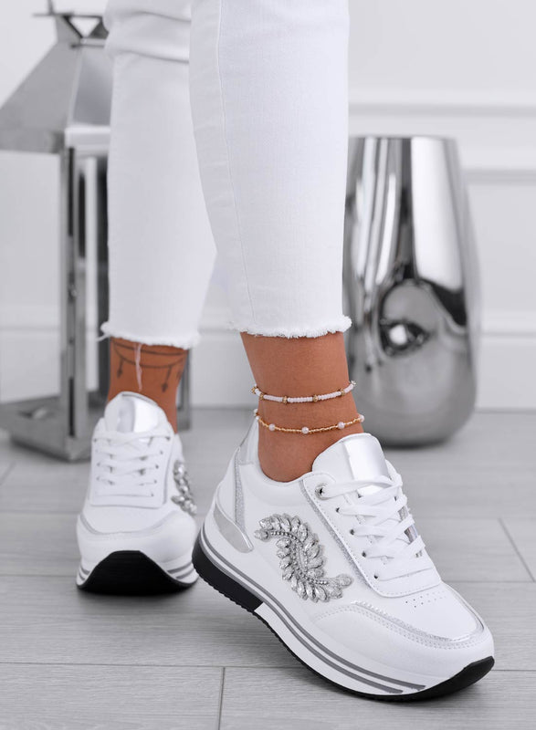 REGINA - White sneakers with silver jewel application