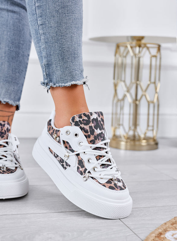LESTER – White platform sneakers with leopard animal print details