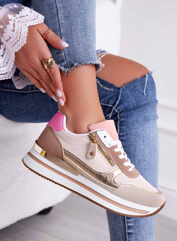 JOYCE - Beige sneakers with contrasting panels and side zip