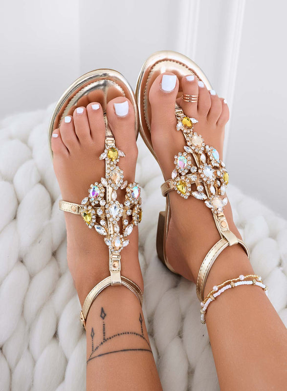 TRINITY - Gold jewel low thong sandals