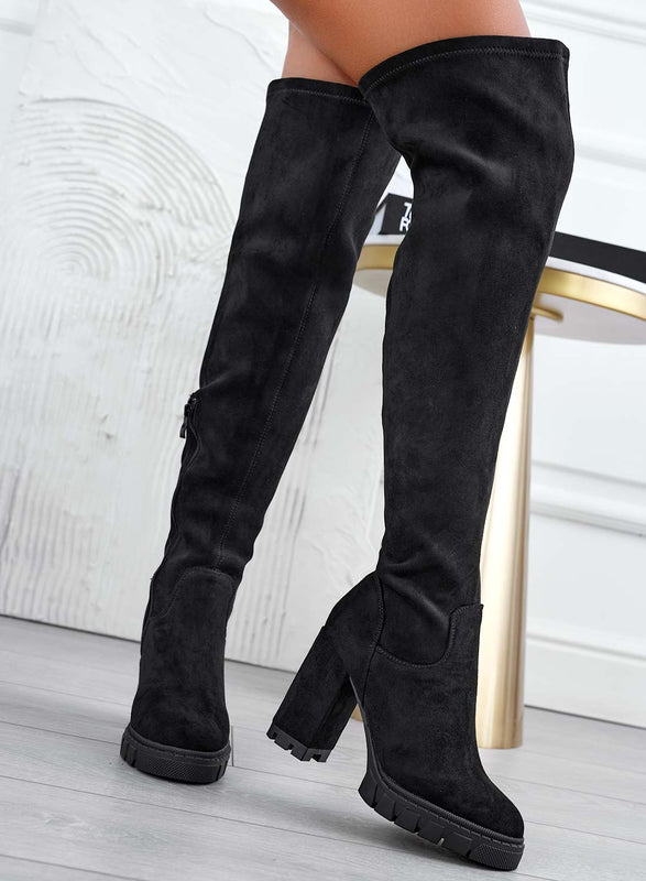 WAYNE - Black thigh-high boots with comfortable heels