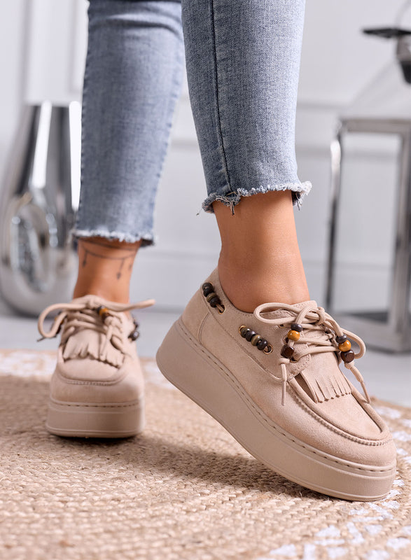ORNELLA - Mocassini sneakers Platform Beige con Frange e Perline