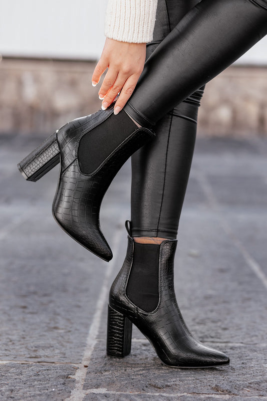 JAMES -  Alexoo black ankle boots with crocodile print and side spring