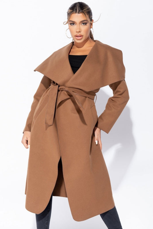 Camel long coat with waist drawstring