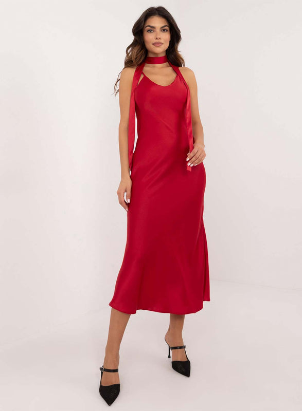 Red satin long dress with a slit and belt