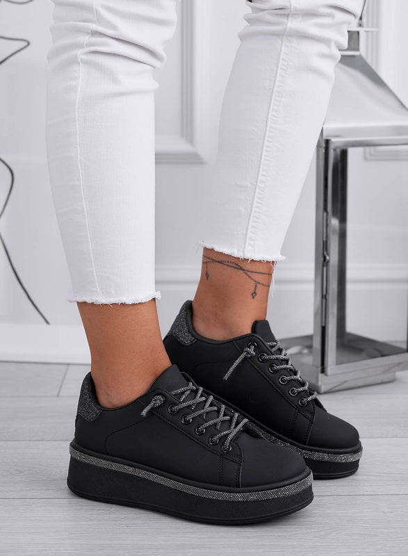 FRANKIE - Black sneakers with laces and jeweled trim