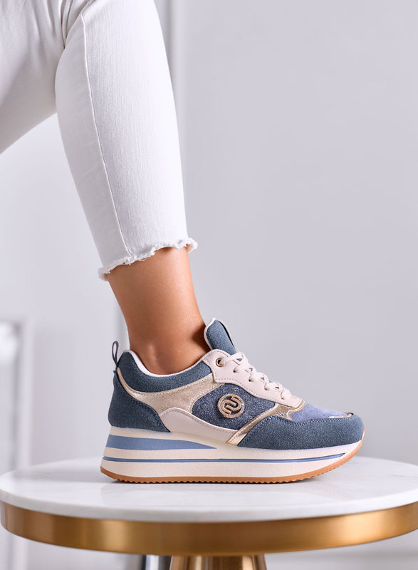 SABINA - Sneakers Azzurre Platform con Inserti oro Laminati
