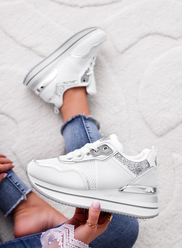 VALDA - White sneakers with silver glitter inserts