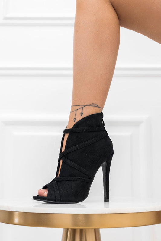 FABIOLA - Black suede ankle boots with high heels and open toe