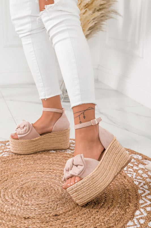 PATRIK - Nude espadrilles sandals with high wedge, strap and bow
