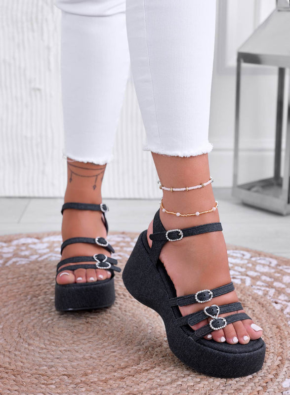 MORGAN - Black sandals with jeans print, wedge heel, and rhinestone buckles