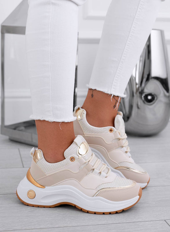 IRINA - Beige sneakers in gold laminated fabric