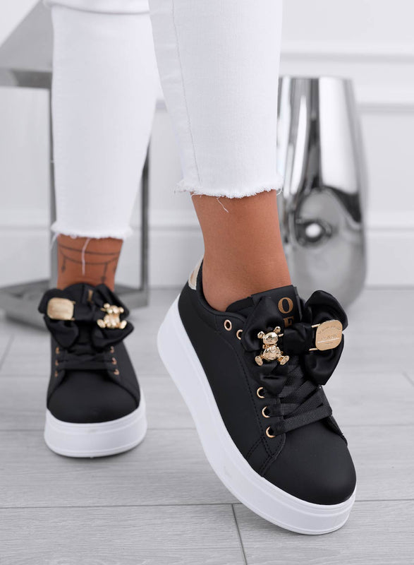 VANESSA - Black sneakers with bow and gold teddy