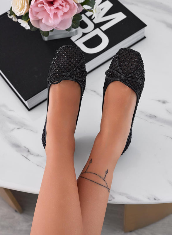 MENA - Black fishnet ballet flats with bow and rhinestones