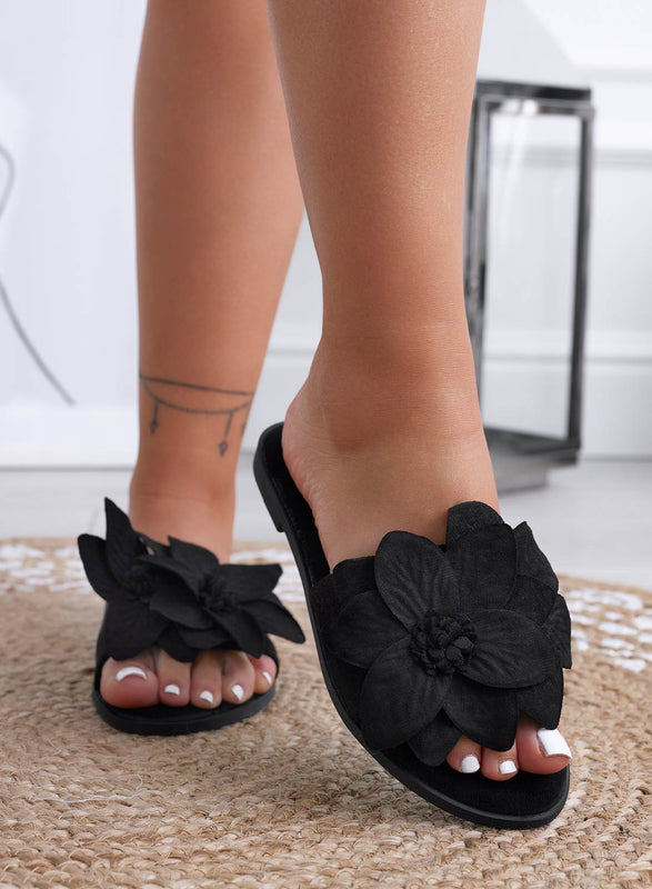 MELODY - Black slipper sandals with applied flower