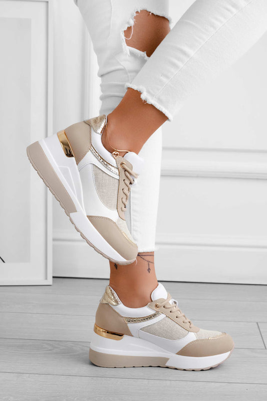 CAIRO - Beige sneakers with gold glitter fabric inserts