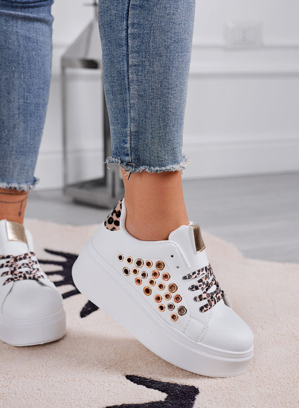 RAFFAELLA - White perforated sneakers with eyelets and animal print inserts