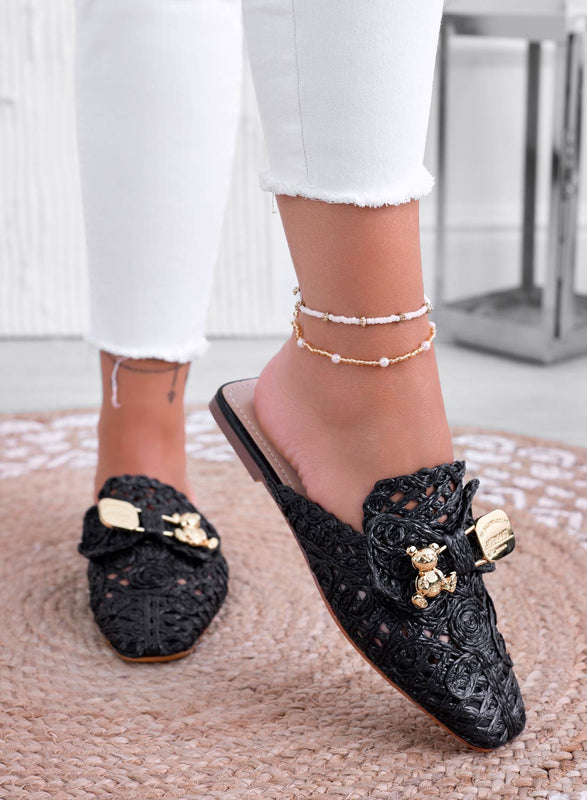 FIESTA - Black espadrilles clogs embroidered with gold teddy