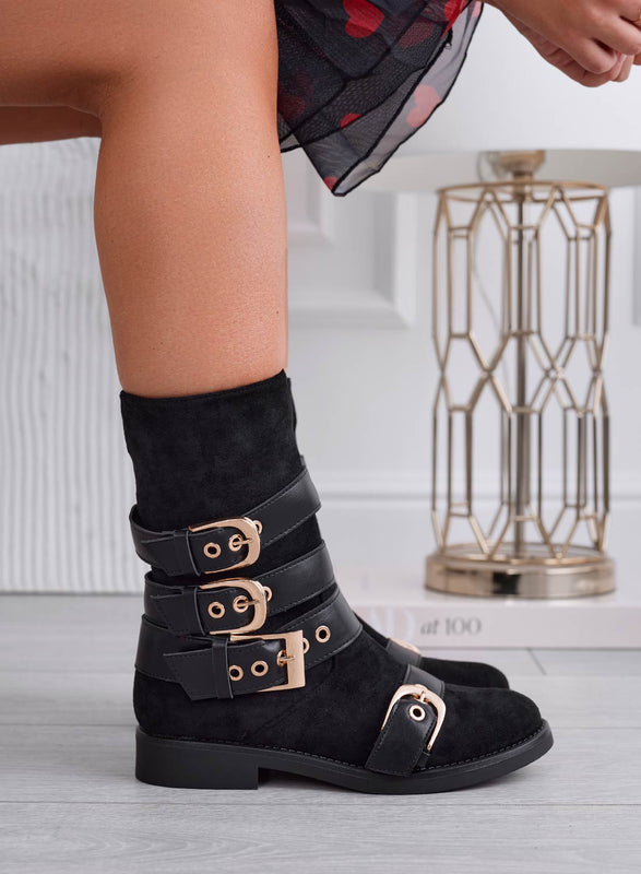 SABINA - Bottines noires en daim avec boucles dorées