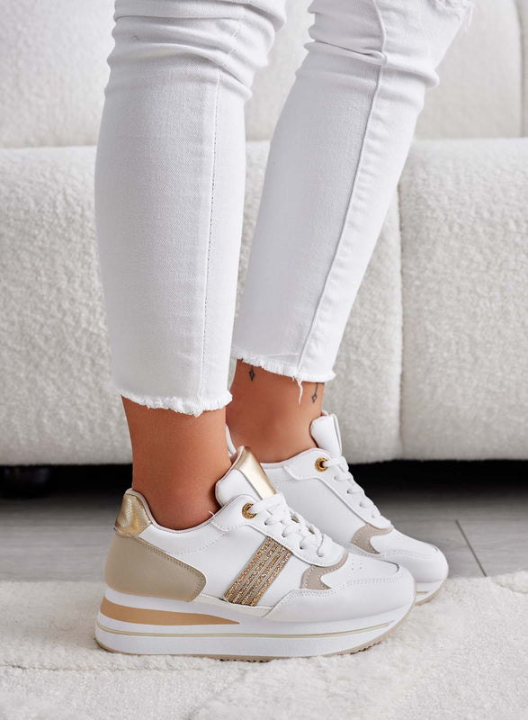 MARGOT - White sneakers with gold inserts and rhinestones